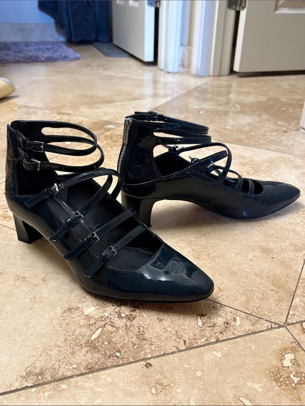 Calvin Klein Black Patent Strappy Mid-Heel Pumps